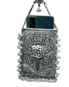 Women's Brass Mobile Phone Carry Purse Sling <b>Bag</b> with Floral Filigree Carving Engraved Design Chain Strap Evening Party Use - Product Image 1