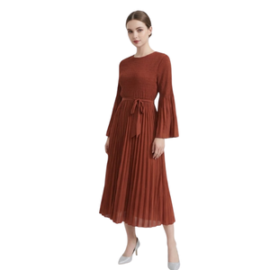 Elegante Vestido Midi de Gasa con Mangas Farol, Cuello Redondo, Plisado, Corte A, Holgado, Color Liso, Casual de Otoño, Transpirable para Mujer - Product Image 3