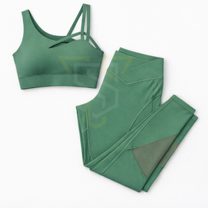 Conjunto de Yoga de 2 Piezas Verde para Mujer, Sujetador Deportivo con Tirantes Cruzados, Leggings de Cintura Alta con Panel de Malla, Transpirables y Sin Costuras - Product Image 5