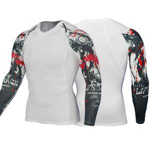 T-shirt de compression à manches longues pour homme, blanc, avec imprimé graphique de crâne graffiti sur les manches, pour l'entraînement sportif et la gym - Product Image 1