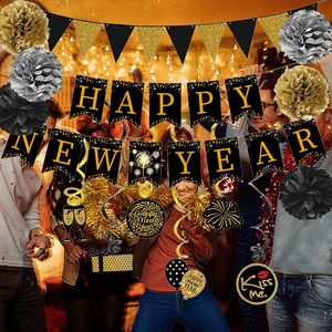 Set de Decoración para Fiesta de Año Nuevo, 15 Piezas, Pancarta Negra y Guirnalda de Papel Dorado, 6 Serpentinas Colgantes - Product Image 6