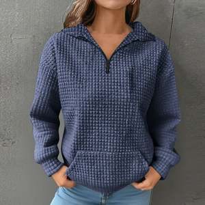OEM 3/4 Zip Mock Neck Women Long Sleeve Drop Shoulder Waffle Knitted Pullover Solid Warm Fall Winter Sweatshirts with Pockets - Product Image 2