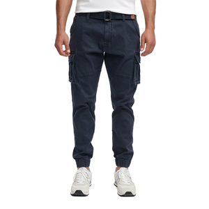Men's Dark Blue Cargo Pants Straight Fit Multiple Pockets Canvas Material Casual Breathable Elastic Waist Midweight Cotton - Product Image 1