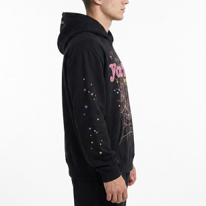 Sweat à capuche respirant d'hiver en coton French Terry 370 g/m² noir motif toile d'araignée, personnalisable avec paillettes, coupe classique, style streetwear, vente en gros - Product Image 3
