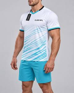 Maillot de football pour homme CLAW INTL, blanc et bleu rayé, col en V, manches longues, évacuation de l'humidité, séchage rapide, antibactérien, respirant - Product Image 3