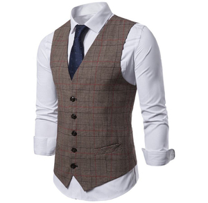 Custom Men's Formal Business Plaid V-Neck Slim Fit <b>Vest</b> Waistcoat Single Button Closure Worsted Fabric Reversible Suit Layering - Product Image 1