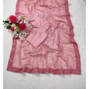 ATRACTIVA CHIFFON SWAROVSKI LACE WORK SAREE CON BLUSA DESCOSTADA ROSA - Product Image 1
