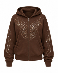 Sweat-shirt décontracté pour femme, respirant, 100 % coton, avec fermeture éclair avant, logo, style streetwear, orné de strass et de cristaux étincelants, manches longues, doux - Product Image 1