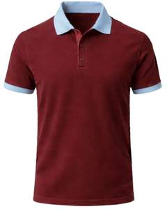 Polo de Algodón para Hombre Color Granate Personalizado con Cuello y Puños en Azul Claro, Corte Clásico, Casual, Verano, Suministro al por Mayor OEM - Product Image 1