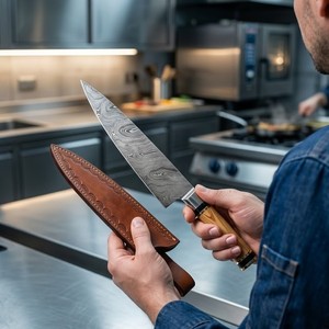 Couteau de chef artisanal forgé en acier Damas moderne, design ambidextre, lame de 8 pouces, épaisseur de 3,0 mm, manche en bois - Product Image 6