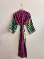 Robe kimono pour femme en soie crêpe recyclée, style vintage, longue, en soie de sari