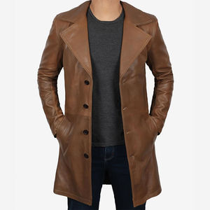 Manteau trench en cuir véritable pour homme, chaud et long, marron, veste décontractée en cuir véritable avec col à revers et boutons, manteau d'extérieur - Product Image 3