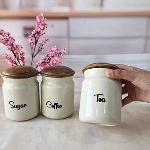 Juego de recipientes de cocina estilo vintage con tapa de madera y soporte, organizador decorativo para encimera, contenedor para té, café y azúcar - Product Image 3