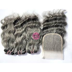 Lot de 3 mèches de cheveux humains gris ondulés naturels avec closure - Product Image 1