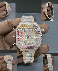 Reloj Automático Mecánico de Lujo de Acero Inoxidable y Moissanita con Caja Cuadrada, Diseño Hip Hop Arcoíris, Resistente al Agua 10 Bar - Product Image 1