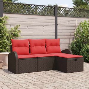 Ensemble de jardin 4 pièces en polyrotin marron et rouge avec coussins manuels, ensemble de canapé marron et rouge - Product Image 1