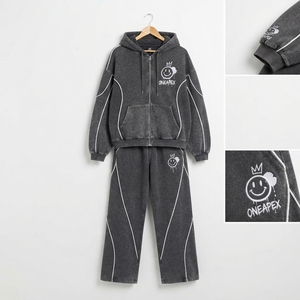 <b>Women's</b> <b>Black</b> White <b>Zip</b> <b>Hoodie</b> Tracksuit Set Color Panel Design Casual Oversized Jogger Pants Streetwear - Product Image 4
