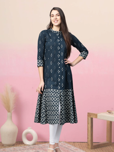 Cotton Geometric Print Short <b>Kurti</b> Blue & Ikat Printed A Line Kurta Collection Collared Neck Three Fourth Sleeve Women Clothing - Product Image 5
