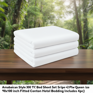 Juego de Sábanas de Estilo Americano de 300 Hilos, con Rayas + 2 Fundas de Almohada, Tamaño Queen 90x100 Pulgadas, Sábanas Ajustables de Algodón para Hotel, Incluye 4 Piezas - Product Image 3