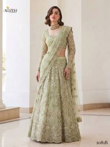 Vêtements ethniques pour femmes, tenue de soirée, lehenga, broderie papillon en filet, filet intérieur en soie Banjori, bordure en dentelle, lourdement orné. - Product Image 4