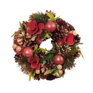 Corona Navideña Rústica con Flores Rojas, Piñas y Bayas, Arreglo Floral Decorativo Hecho a Mano, Estilo Redondo Sin Iluminación - Product Image 5