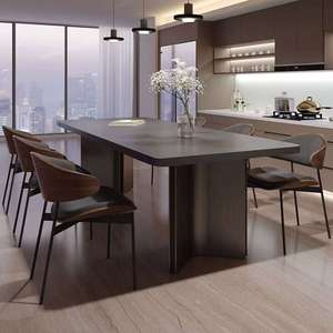 Table à manger noire moderne et écologique, base géométrique unique, plateau en bois de noyer massif, design rectangulaire luxueux, pieds en bois, 6 places - Product Image 4