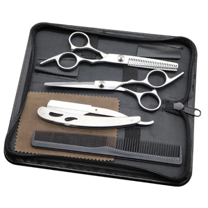 Kit de coiffure professionnel en acier inoxydable poli miroir avec ciseaux à effiler, ciseaux de coiffure et rasoir, avec peigne, en vente - Product Image 1