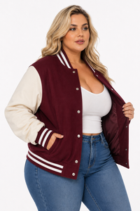 Women's Winter Solid Casual Warm <b>Woolen</b> Varsity Jacket Letterman Bomber Jacket Contrasting Sleeve Regular Fit Windproof Pockets - Product Image 2