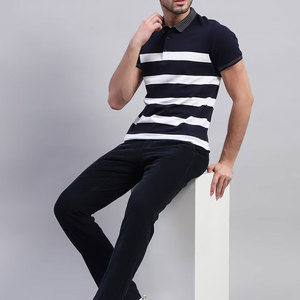 Men's Navy <b>White</b> Striped Short Sleeve Knitted <b>Polo</b> Shirt Casual Design Button Front Regular Fit <b>Polo</b> T-Shirts - Product Image 4