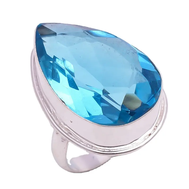 פיאות כחול טופז קוורץ 2022 אמזון חם מכירות מותאם אישית טבעת הודו יצרן 925 כסף מצופה טבעת