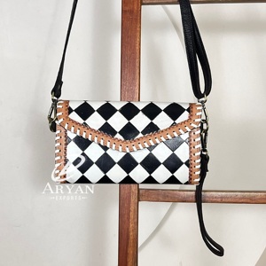 Trendy Ladies Hand <b>Tooled</b> Genuine Cowhide <b>Leather</b> Crossbody Bag Checkered Pattern Sling Purse Handmade Clutch Adjustable Strap - Product Image 1