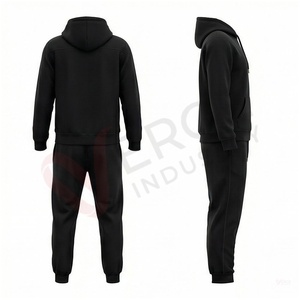 Men's <b>Black</b> Hooded Tracksuit Set Full Sleeve Solid Color Casual Regular Fit Autumn Wear Breathable 100% Cotton <b>Joggers</b> - Product Image 2