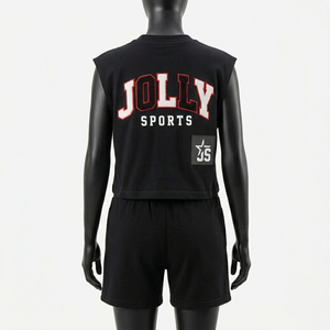 Ensemble haut et short sans manches en coton premium 300 GSM pour femme, noir, avec logo personnalisé imprimé, ensemble sportif pour femme - Product Image 3