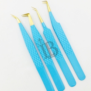 <b>Top</b> Trend Eyelash Tweezers Blue Color Golden Tip Mink Eyelash Extension Volume Tweezers Stainless Steel Russian Volume - Product Image 4