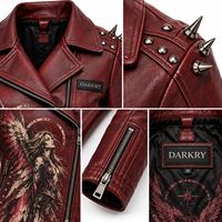 Blouson de motard asymétrique en cuir véritable rouge foncé pour femme, avec imprimé graphique ailes d'ange personnalisées, fermeture éclair et clous, par le fabricant