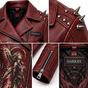 Blouson de motard asymétrique en cuir véritable rouge foncé pour femme, avec imprimé graphique ailes d'ange personnalisées, fermeture éclair et clous, par le fabricant - Product Image 6