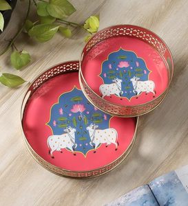 Juego de recipientes de cobre con estampado Pichwai y bandeja decorativa de metal - 2 tapas para frutos secos, dulces o alimentos para regalar - Product Image 4