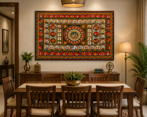 Cuadro Decorativo Tradicional Indio Pattachitra, Rectangular, de Tela Pintada a Mano, con Diseño Religioso de Krishna RaasLeela - Product Image 1