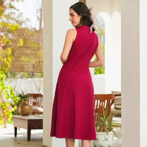Vestido de Algodón Elástico Tejido hasta la Rodilla en Rojo Cereza para Mujer, Corte Regular, Formal, Ecológico, Moda 2026 - Product Image 1