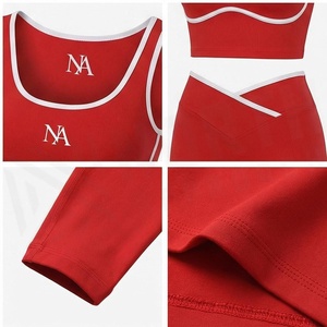 Ensemble de yoga 2 pièces rouge, col ras du cou, dos nageur, leggings taille haute longueur intégrale, respirant, en Spandex et Polyester, vêtements de sport - Product Image 4