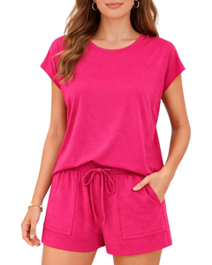 Women's Pink 2-Piece <b>Knitted</b> <b>Set</b> Short Sleeve Top With Drawstring Shorts Solid Color Breathable Casual Spring Summer Wear - Product Image 1