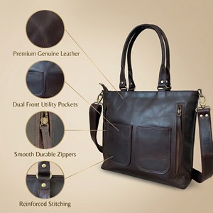 Women Genuine Leather Tote Bag, Shoulder Handbag with Dual Adjustable Detachable Straps, Zipper Work Travel Purse(Dark Brown) - Product Image 5