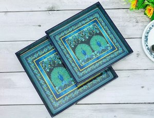 Star Crafts India Set Two Sticker Meena Finish Wooden Serving Trays-Luxury Tabletop Dishwasher <b>Microwave</b> Safe for - Product Image 2