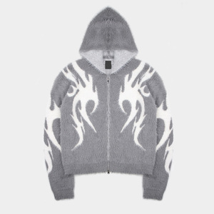 Custom Men Mohair Zip Hoodie Sweater Fuzzy Fluffy Knit Cardigan Oversized Jacquard Winter Hoodie Jacket - Product Image 4