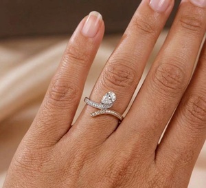 10K/14K Solid Gold Two Tone Bypass Engagement Wedding Ring Pear Lab Grown Diamond Milgrain Pave Band Anniversary <b>Gift</b> for Her - Product Image 1