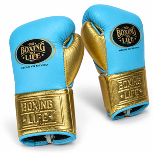 Gants d'entraînement en cuir bleu ciel et or de haute qualité professionnels, respirants, unisexes, fabriqués au Pakistan, sans lacets, « No Boxing No Life » - Product Image 2