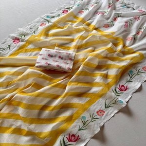 Sari de Lino y Algodón de Diseño para Mujer, Estampado Floral a Rayas, Informal, para Oficina, Uso Diario, Sari Étnico con Blusa - Product Image 3
