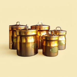 Vintage Copper Plated Kitchen Canister Set Of 5 Airtight Food Storage Jars With Brass <b>Labels</b> For Flour Sugar Coffee Tea - Product Image 1