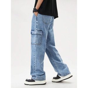 Jean cargo en denim bleu glace style rétro pour femme, 100 % coton, écologique, respirant, taille haute, thème vintage, pantalon tendance - Product Image 4