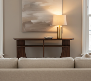 Table console, table d'appoint, table basse moderne en bois d'hévéa durable, MDF et placage de chêne, couleur marron - Product Image 3